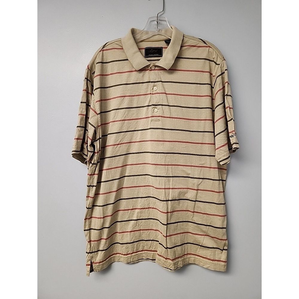 Greg Norman Mens L Light Green Striped Golf‎ Polo Short Sleeve 100% Cotton